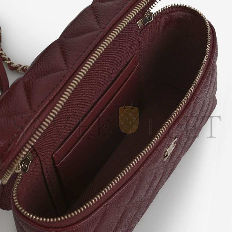 CHANEL MASTER TOP HANDLE VANITY WITH CHAIN BURGUNDY CAVIAR  CHAMPAGNE GOLD HARDWARE AP4385 (19*14*5cm)